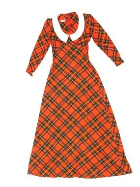 Vintage 70s  JOSEPH MAGNIN Neon Red Plaid Peter Pan Collar Maxi Dress XS /730